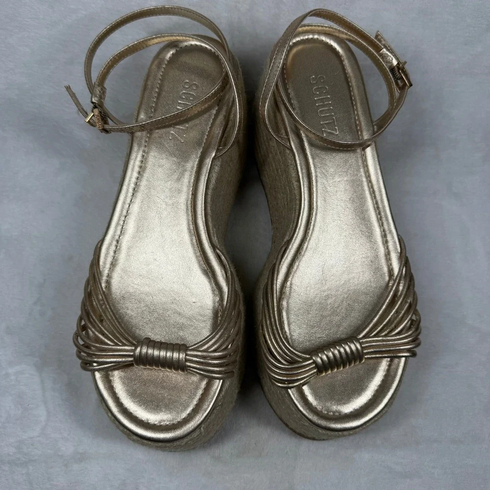 Schutz Gold Metallic Strappy Espadrille Platform Sandals Ankle Strap Flatform 8